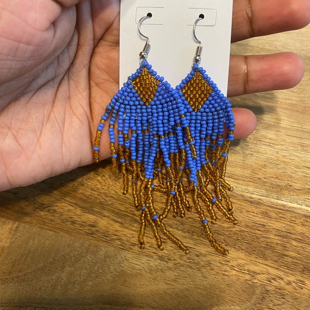 Elegant Blue and Gold Beaded Earrings